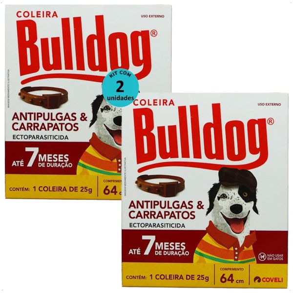 COLEIRA ANTIPULGAS E CARRAPATOS BULLDOG 7 COM 64CM E 25G PARA CÃES COVELI KIT COM 2